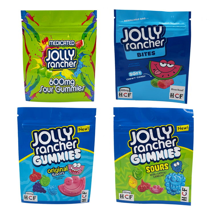 

Jolly candy edible plastic bags glossy material 600 mg 3 side seal for gummy food packages