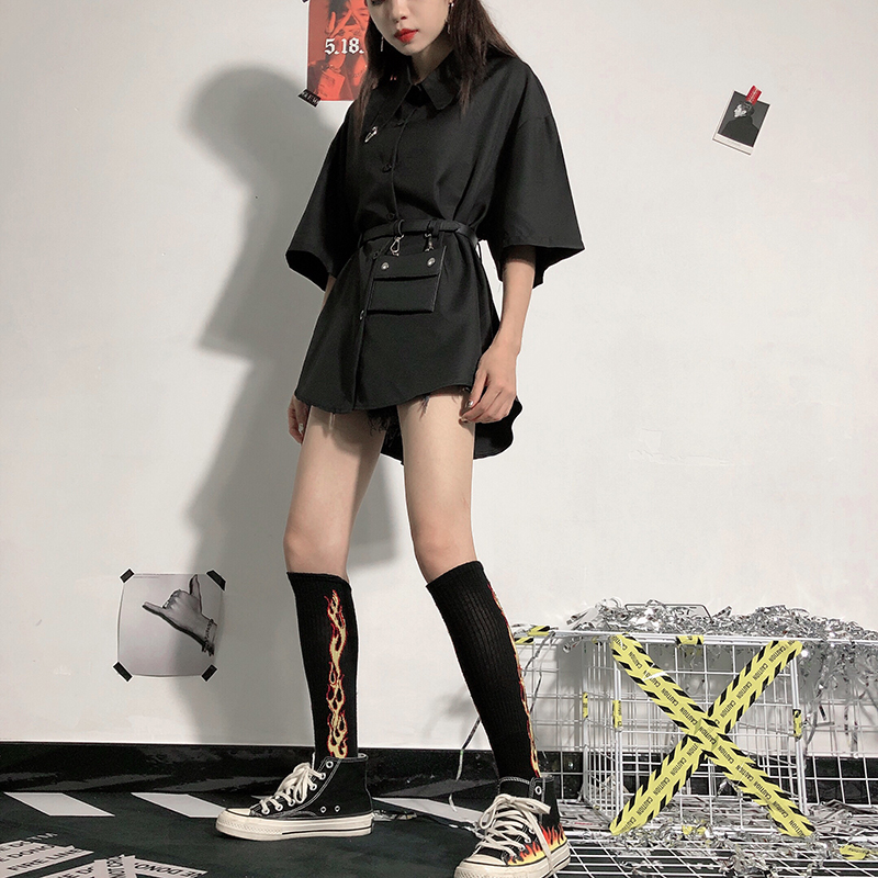 

Punk Shirt Dress Women Streetwear 2021 Fashion Women Japanese Harajuku Black Shirt Dress Korean Style Short Dress Woman, Black;gray