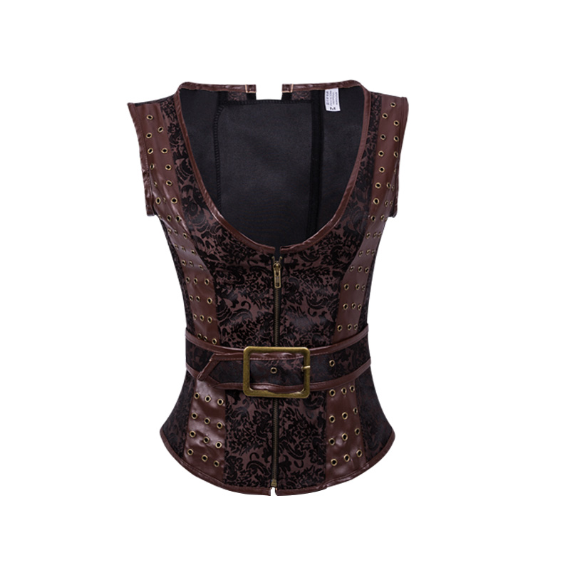 

Corset 12 Steel Boned Korsett Steampunk Waistcoat Gothic Vest Faux Leather Jacket Party Costume For Women 8930, Brown