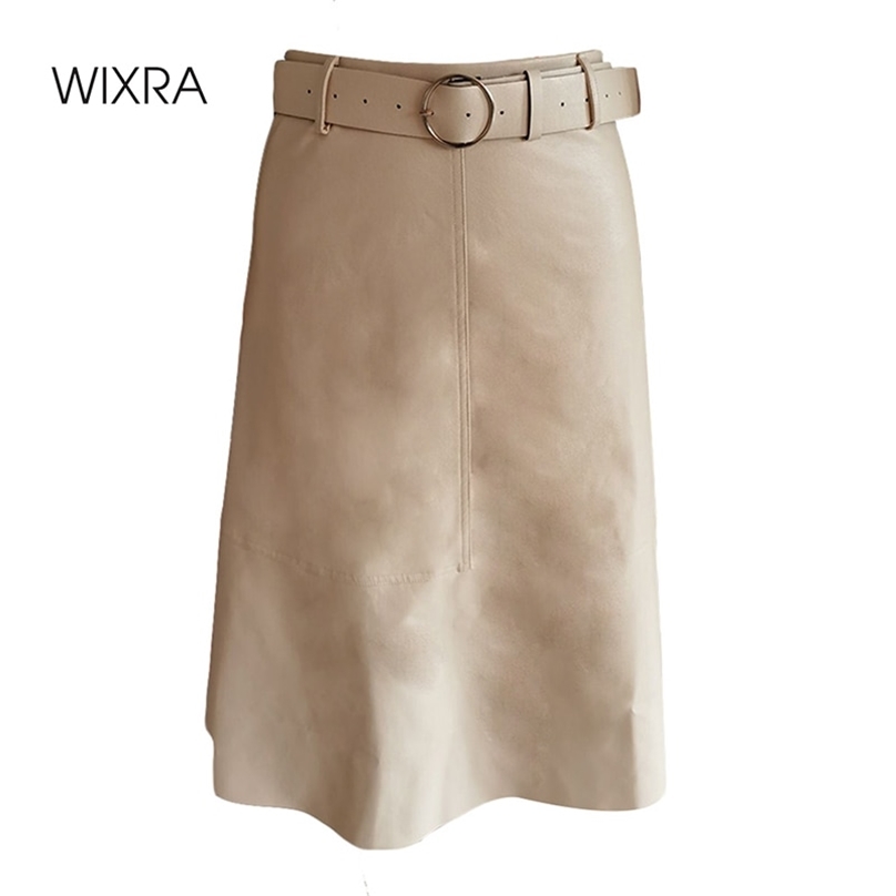 

Wixra Women A Line Skirts PU Casual Mid-Calf Elegant Office Wear Streetwear OL Ladies Bottom Spring Autumn 210629, Silver gray