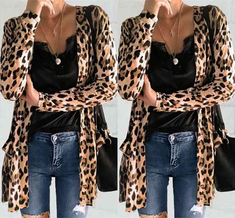 

womens leopard print open front jacket cardigan blazer suit coat ol slim casual long sleeve blazer blusa outwear, White