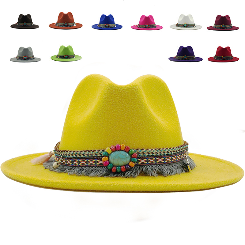 

2021 New Fedora Western Cowboy Men Vintage Fascinator Wide Brim Hat Casual Wedding Panama Black White Winter Women Hats Ofx3, Cowboy01
