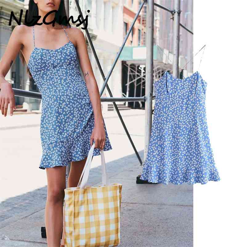 

Women Dress Print Ruffles Blue Strap Short Fashion Girls Slim Side Zipper Button Sexy V-Neck es 04 210628, As picture