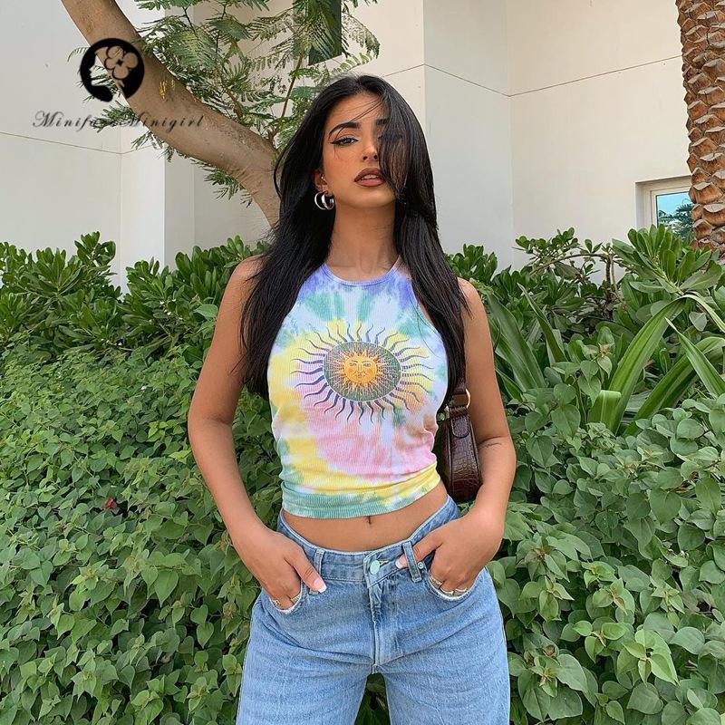 

Women's Tanks & Camis 2021 Summer Clothing Women Round Neck Sleeveless Tie-Dye Gradient Sun Printed Slim Tank Top Vest Y2K Streetwear E-Girl, White