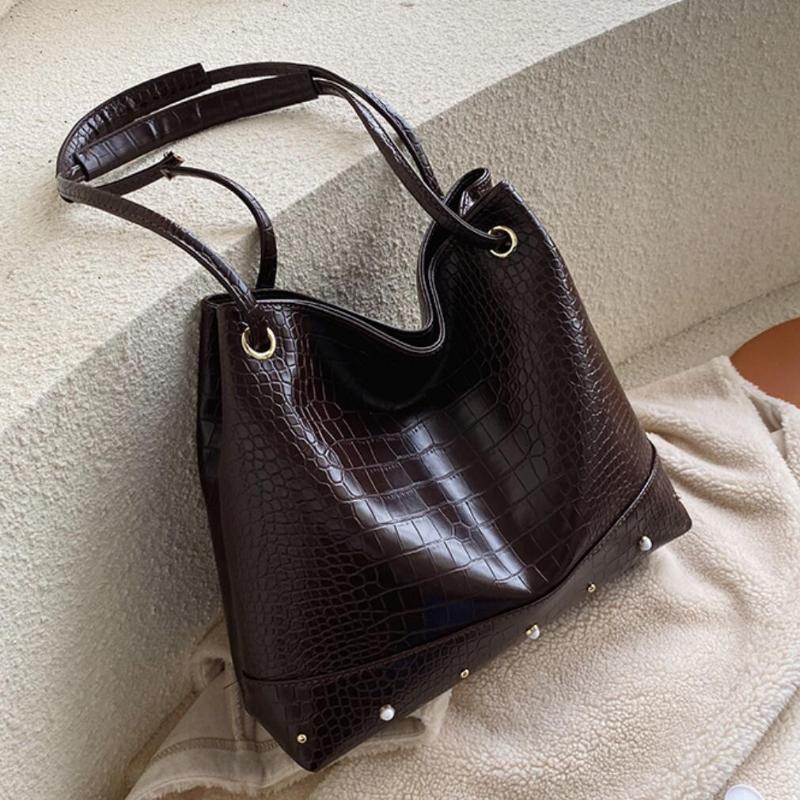 

Vintage Fashion Bucket Bag 2021 New High Quality PU Leather Women's Designer Handbag Crocodile pattern Shoulder Messenger Bag, Black