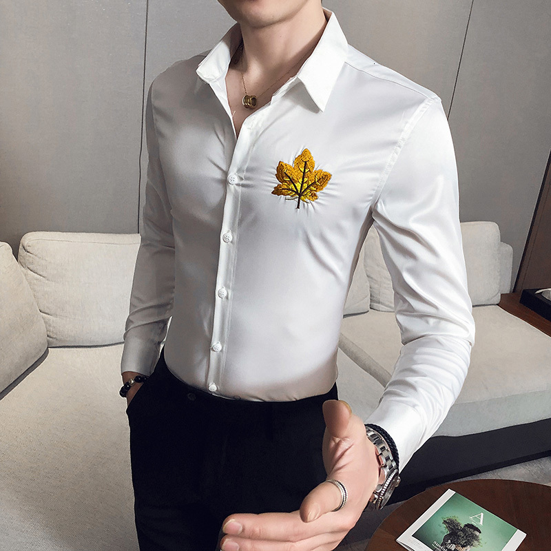 

New Moda 2021 Primavera Nova Manga Longa Camisas Bordados Roupas Masculinas Negcios Formal Wear Casual Magro Ajuste Blusa Homme Preto/branco, Black