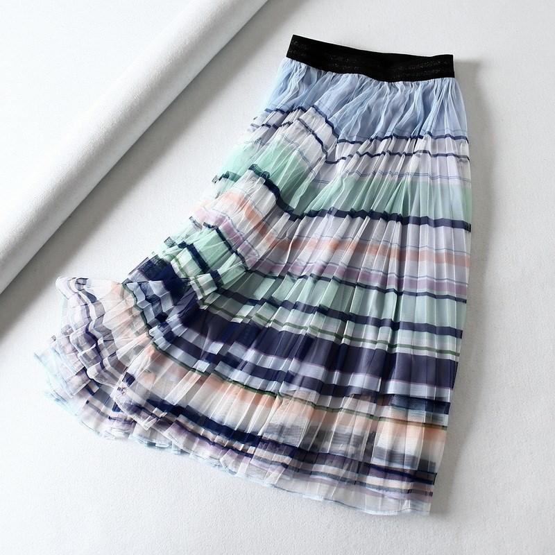 

Skirts Women Stripe Mesh Pleated Skirt Casual Midi High Waist, Multi