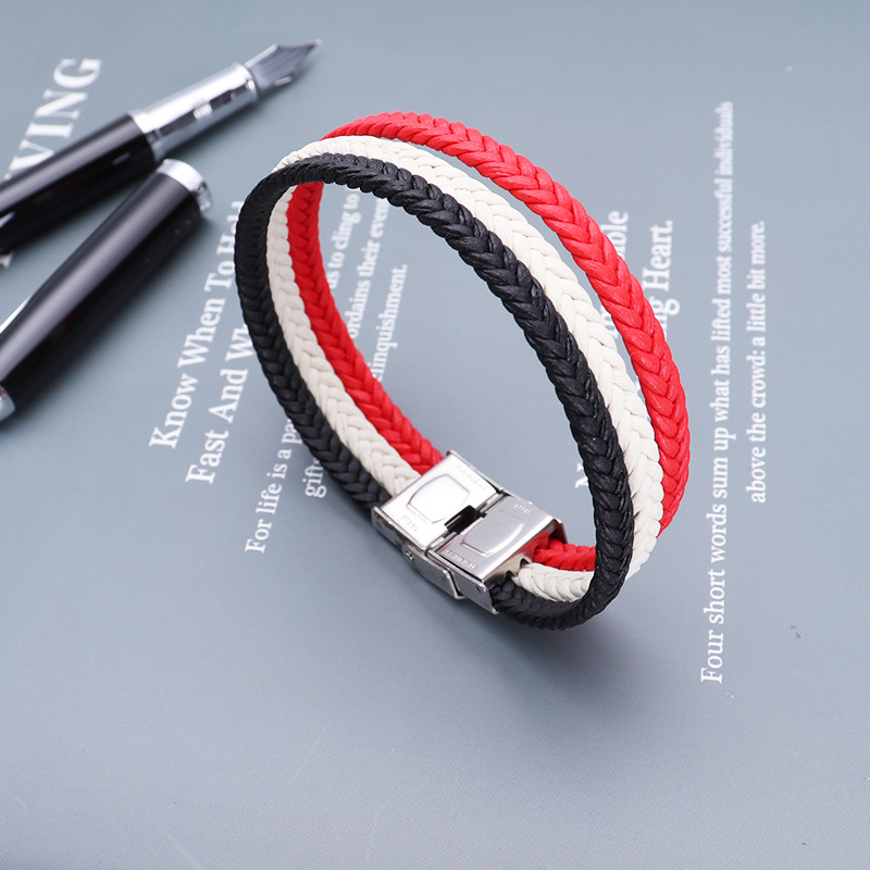 

New Style Handmade Woven Black White Red Cord Link Stiainless Steel Buckle Bracelets