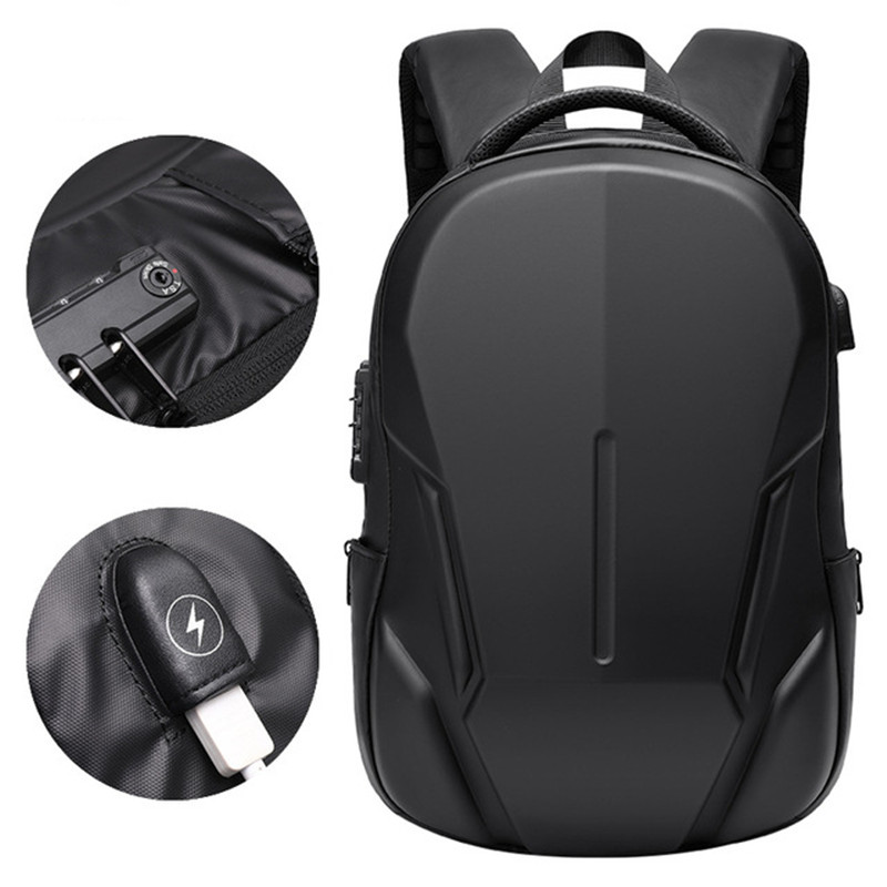 

Hard shell business backpack anti theft password lock computer bag racing laptop tablet storage handbag travel USB charging port suitcase Casual schoolbag, Black