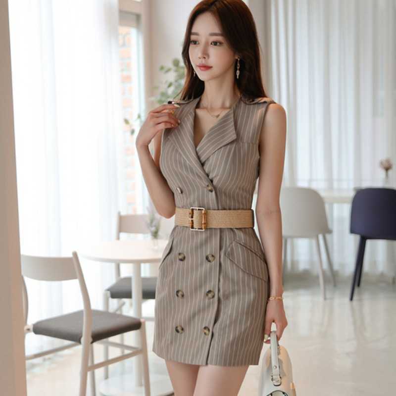 

Women Stripe V-Neck Double Breasted Sleeveless High Waist Bodycon Mini Dress With Belt Elegant Office OL Lady Dresses 210526, Photo color