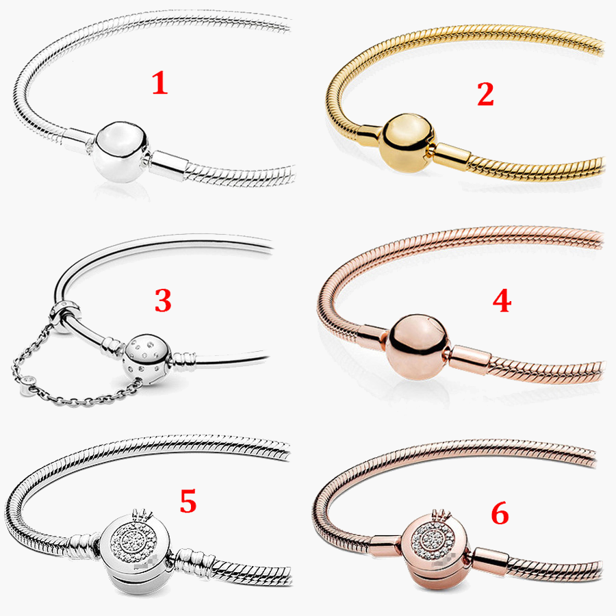 

Fine jewelry Authentic 925 Sterling Silver Bead Fit Pandora Charm Bracelets round head crown clasp snake bone bracelet DIY Safety Chain Pend, Black