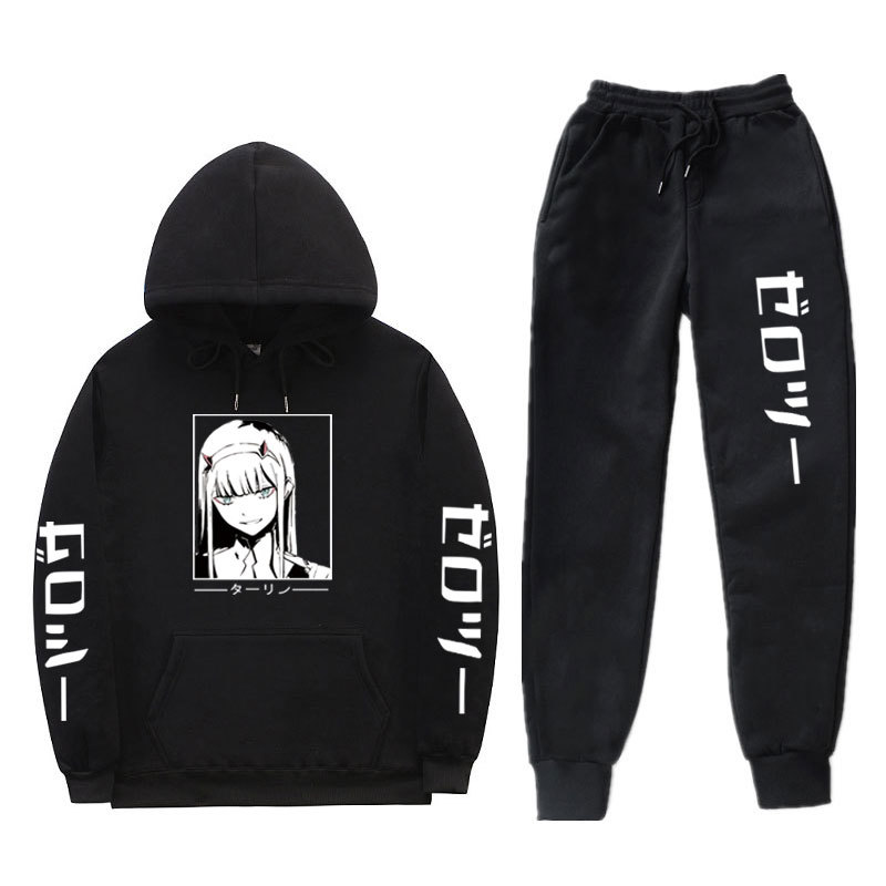 2021 New Men's Woman Pieces Sets Tracksuit Winter Sweatshirt+drawstring Hoodie Zero Two Darling in the Franxx Print L2zk