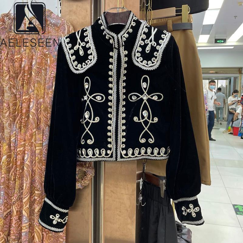 

Women's Jackets AELESEEN High Quality Women Velvet Coat Autumn Winter Runway Fashion Flower Embroidery Beading Baroque Ethnic Jacket, Black;brown