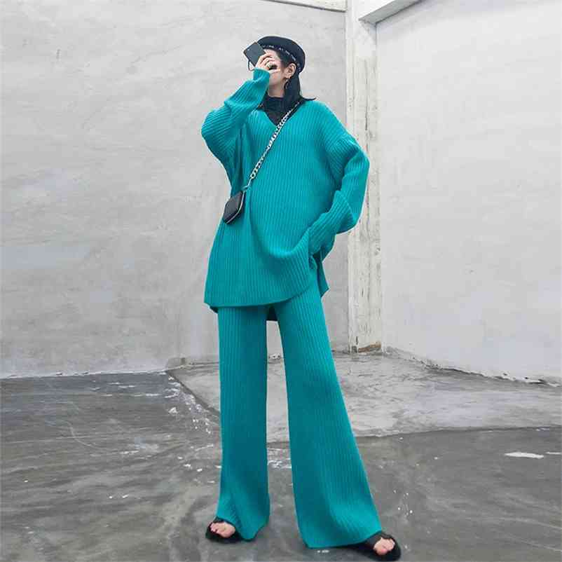 

Autumn and winter sweater knit suit plus size fashion wide leg pants two-piece women's clothing 210603, Black
