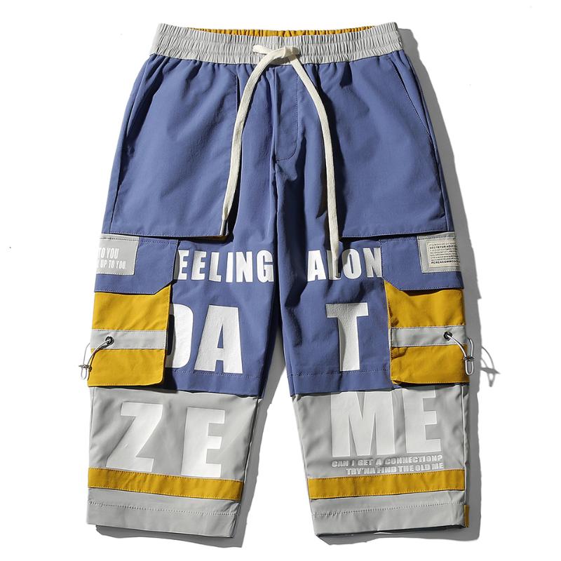 

Men's Shorts Men Summer Hip Hop Side Ribbon Multi Pockets Cargo Mens Casual Baggy Streetwear Male Joggers Short Trousers, Blue