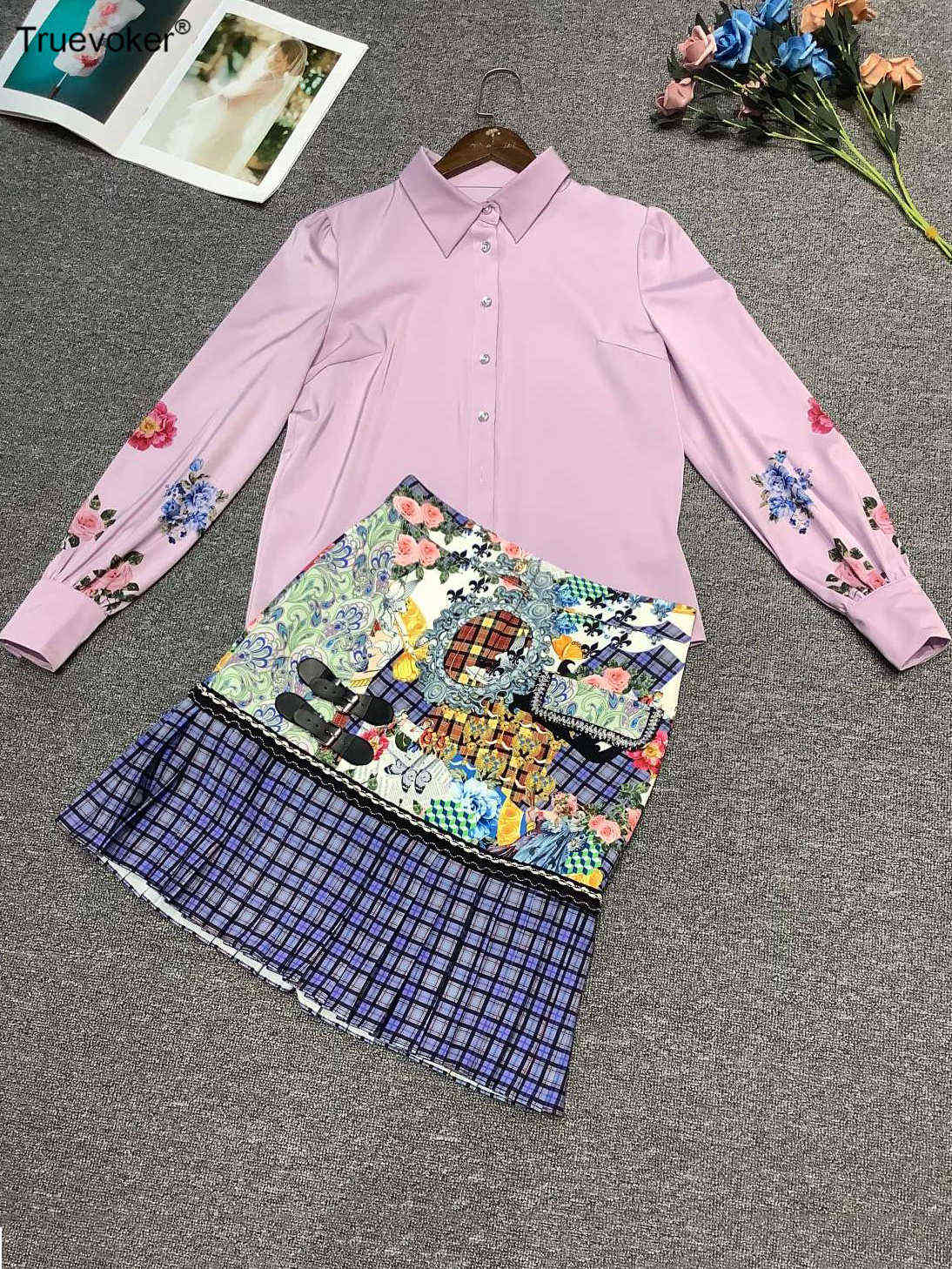 

Truevoker Lady Runway Fashion Party Sets Full Sleeve Flower Print Blouses + Plaid Mermaid Skirt Women' Two Pieces Set 210602, Fuchsia