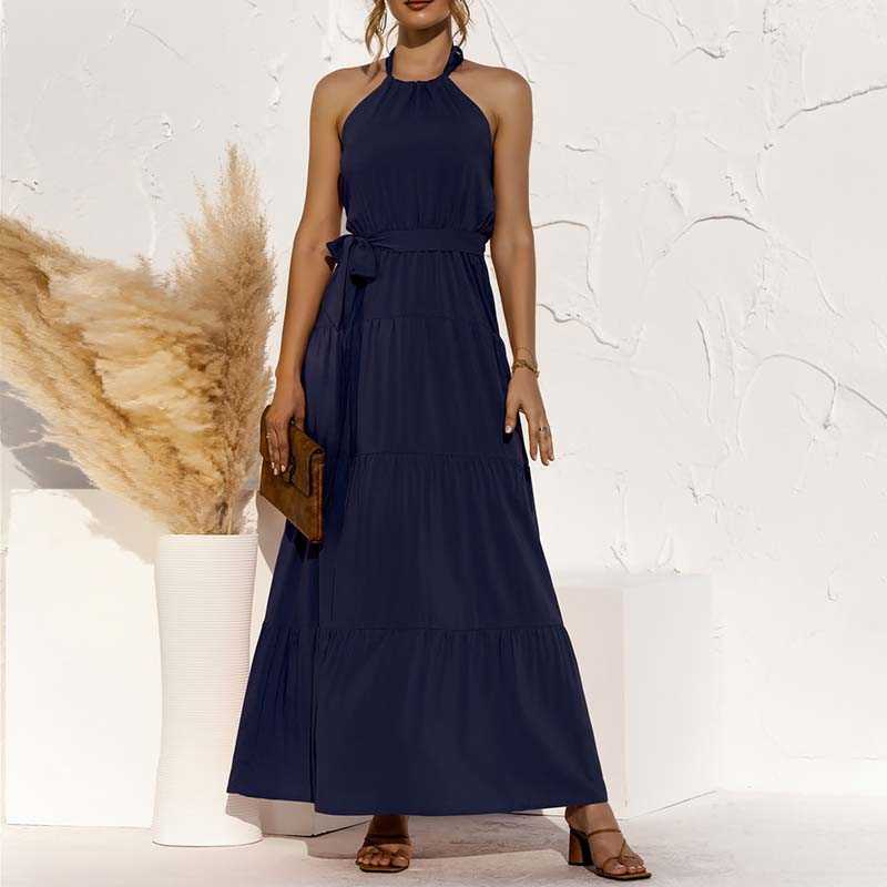 

Summer Neck-mounted Solid Color Halter Sleeveless Ladies Dresses Ankle-length Backless Stitching Strapless A-line Maxi Dress 210604, Orange