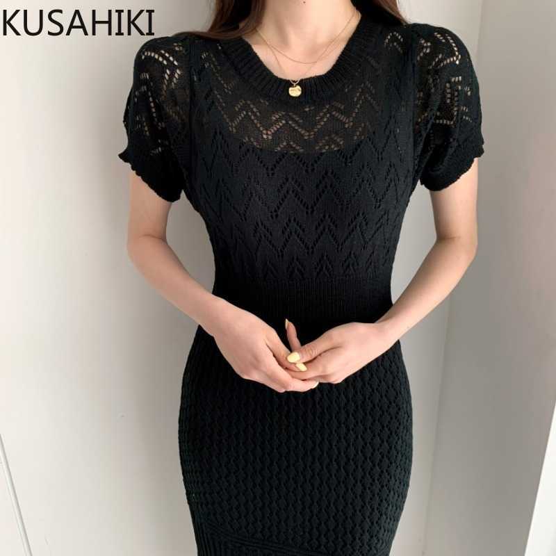 

KUSAHIKI Ice Silk Knitted Dresses Women Summer Korean Elegant Slim Waist Vestidos Femme Short Sleeve O-neck Sweater Dress 6J088 210602, Black
