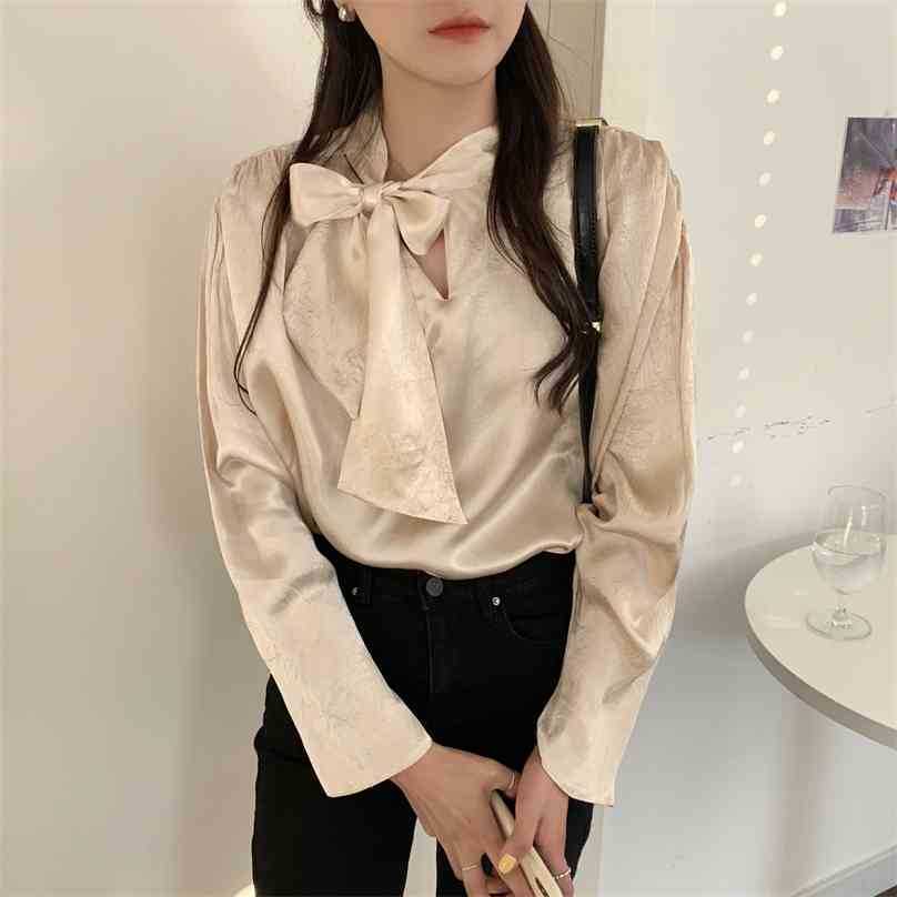 

Apricot Brief Chic OL Gentle All Match Bow Sexy Korean Elegance Fashion Loose High Quality Women Blouses 210525, Photo color