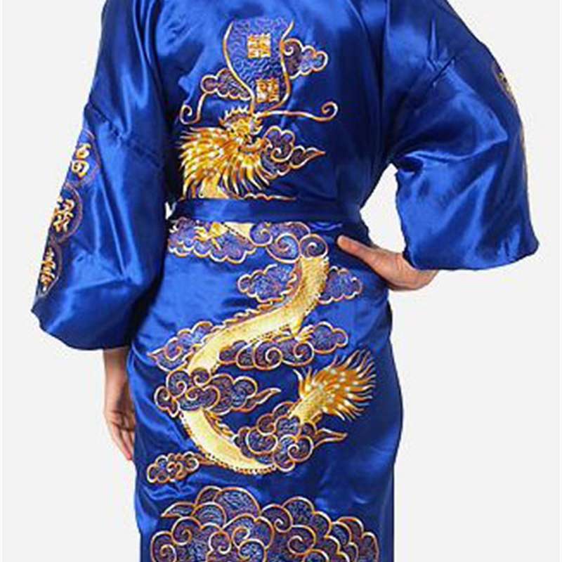 

Black Chinese Men's Traditional Embroidery Satin Robe Dragon Kimono Bath Gown Male Sleepwear, Black;white