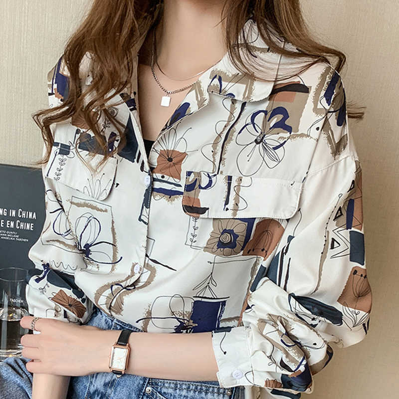 

Blouse Women  Turn Down Collar Print Chiffon Shirt Tops Long Sleeve Shirts Blusas D402 210602