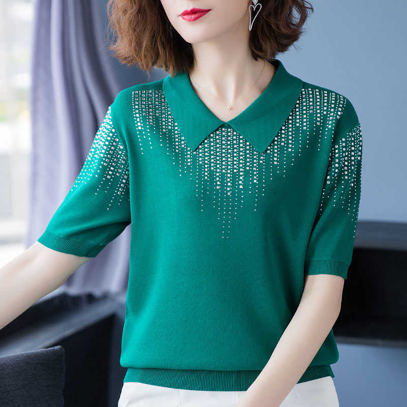 

Summer Women' sweaters Summer tops Lapel Short sleeve Jumper Sweater Thin Stripe Casual Knitted Pullover 210604, Black