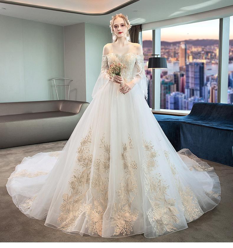 

2021 New Long Train Sweetheart A-line Wedding Es Gold Appliques Flowers Vintage Lace Bride Gowns Vestido De Noiva 0a4c, Multicolor