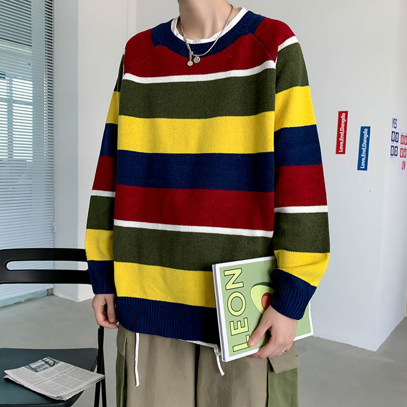 

2021 New Striped Male Print Pullovers Long Sleeves Coats Around the Neck Woolen Sweater Loose Cashmere Knit More Size -2xl 9jnh, Yellow stripes.