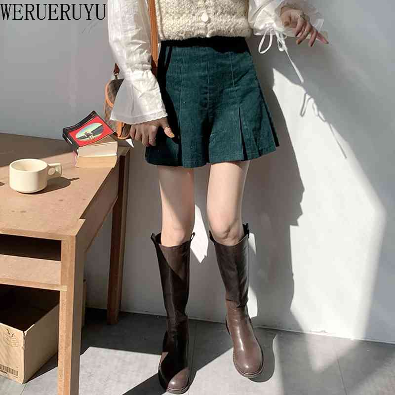 

WERUERUYU Corduroy Brown A Line Mini Skirt Women Casual Autumn Elegant Pleated Skirts Korean Style High Waist Skirt 210608, Photo color