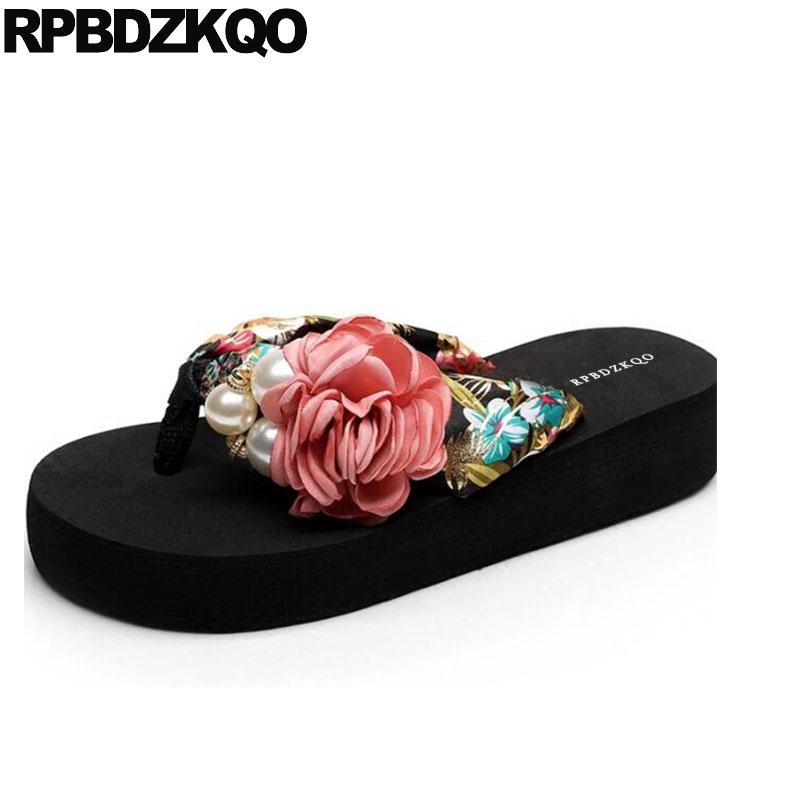 

Slippers Pink Lady Slipper Big Size Flip Flop Wedge Shoes Pearl Brand Slides Flower 5 Platform High Heel Sandals Floral Print Designer, Black