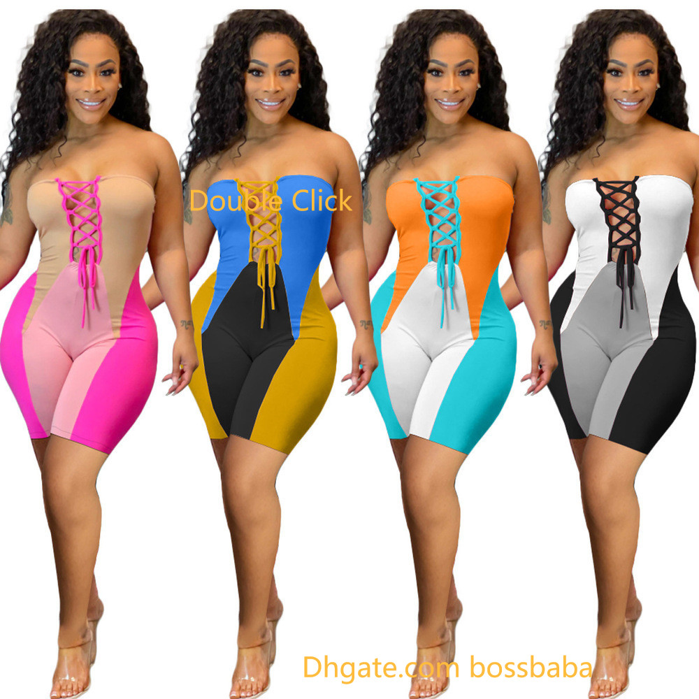 

Womens Jumpsuit Designer Fashion Crop Top Bra Strap Onesies Slim Bandage Breast Wrap Onesies Shorts Rompers, Yellow blue black