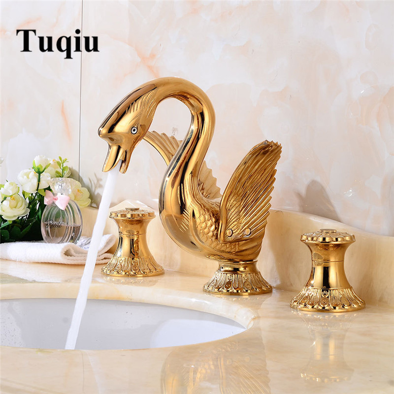 

2021 New Bathroom Basin Swan Bath Mixers Gold Laboratory Mixer Hot & Cold Widespread Three Holes Sink Faucet Sxds