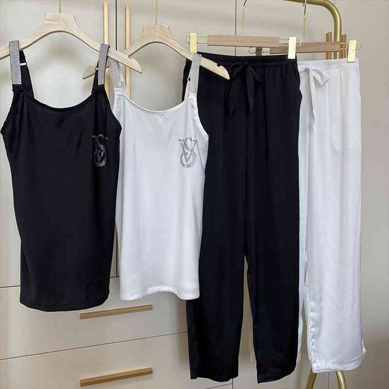 

Homewear Letter Rhinestone Pajama Sets Women Sleepwear Spaghetti Strap Design Comfort Satin Pijamas Short Two Piece Set, Black;red