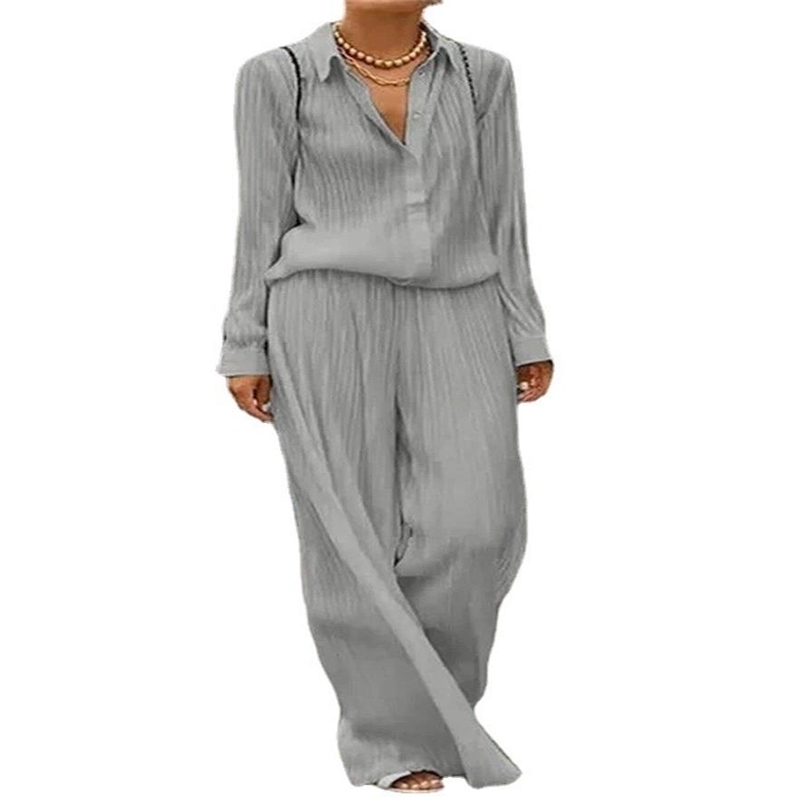 

Sweet Cool Style Two Piece Sets Womens Outfits Long Sleeve Shirts Blouses High Waist Straight Pants Trousers Office Lady Suit 210525, Gray