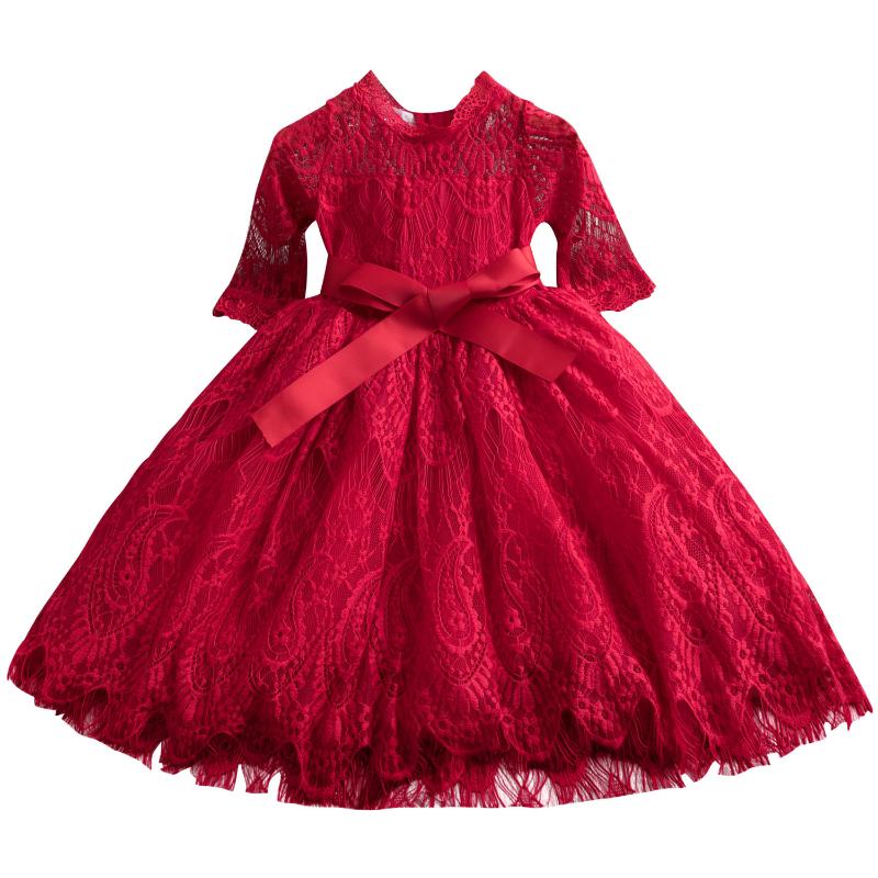 

Girl's Dresses Girls Lace Printed Flared Sleeves Princess Dress 2022 Korean Child Flower Girl Wedding Birthday Party Skirt, Red;yellow