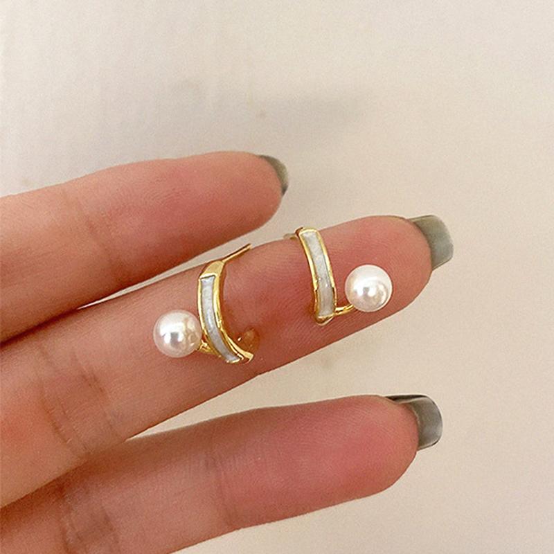 

Stud Trendy 14K Real Gold Geometric Enamel Pearl Earrings For Women Girl Korean Fashion Jewelry S925 Silver Needle Party Gift, Golden;silver