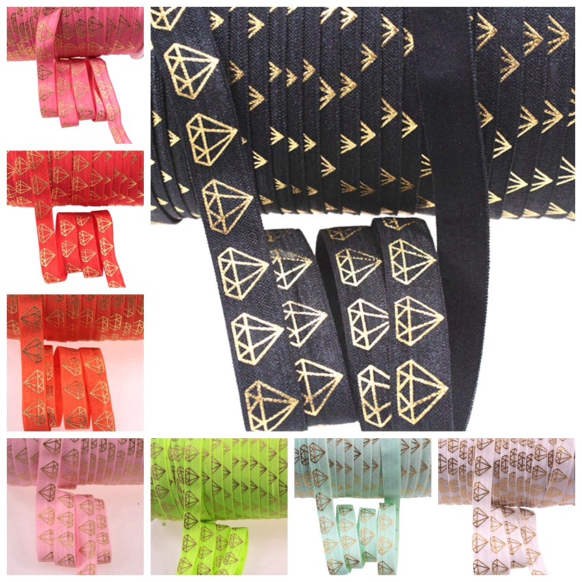 

100yards 5/8" Gold foil diamond FOE Ribbon jewel diamonds Fold Over Elastic welcome custom design