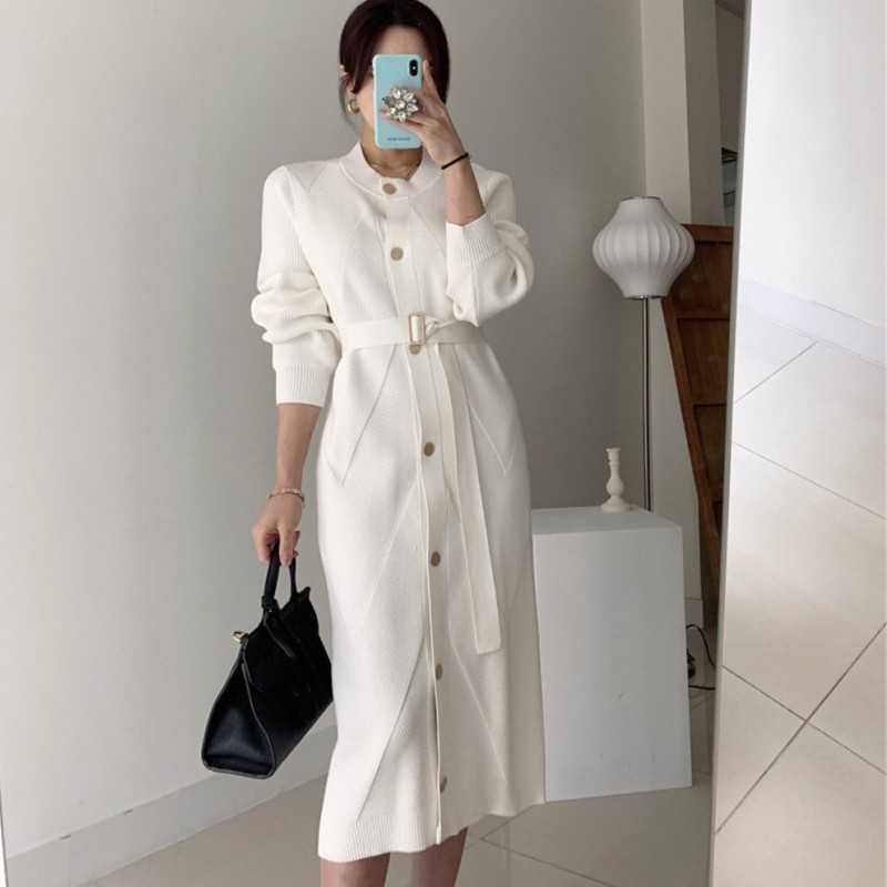 

Autumn Winter Elegant O-Neck Single-Breasted Sweater Dress Korea Women Solid Long Sleeve Belted Knitted Mid-length Female 210526, Picture color