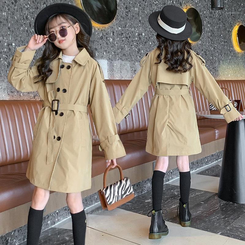 

Coat Girls Long Jacket Vintage Casual England Style Children's With Waistbelt Spring Autumn Kids Clothing 4 6 8 10 12 13 14Years, Blue;gray