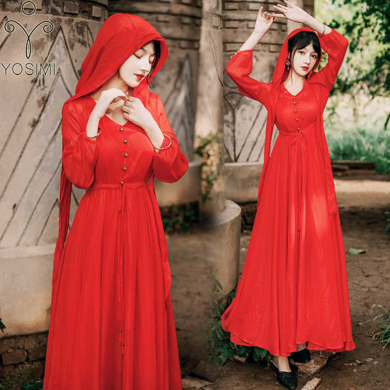 

YOSIMI Summer Red Chiffon Long Women Dress Elegant Fit and Flare Ankle-Length Lacing Sleeve Hooded Maxi Dresses 210604