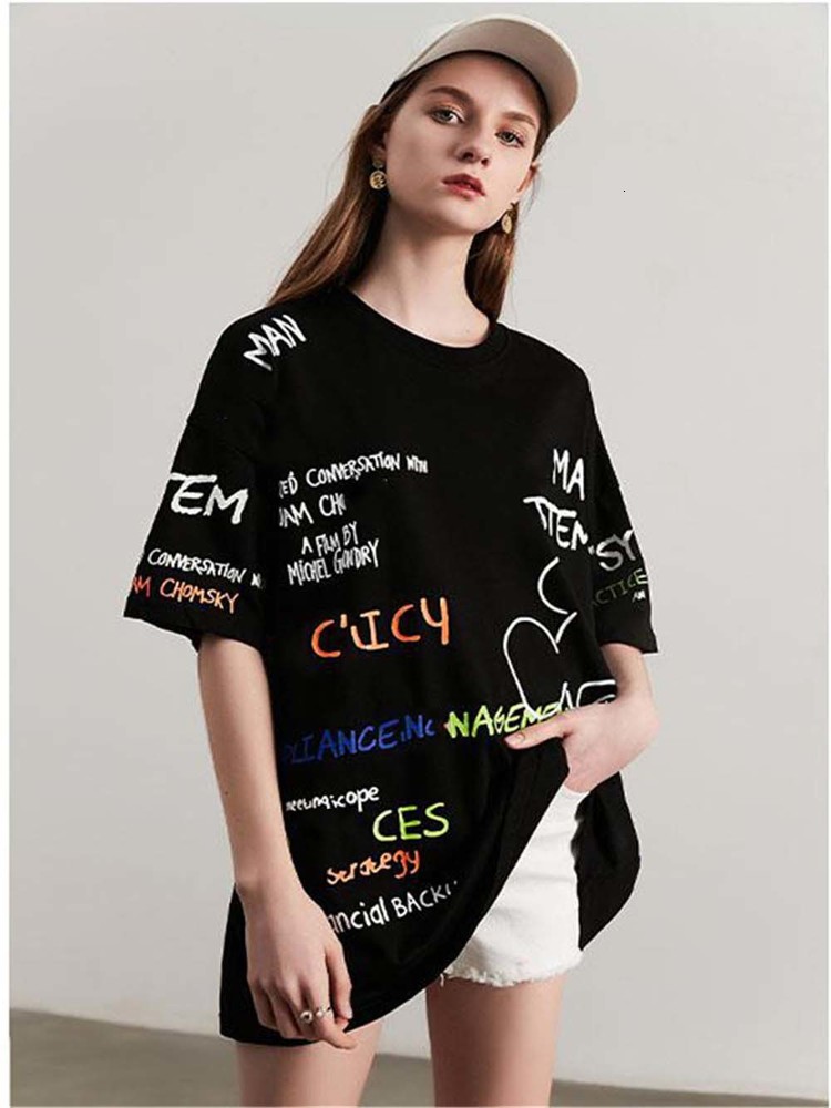 

t shirt women's summer loose size personalized graffiti short-sleeved women's mid-length top, White