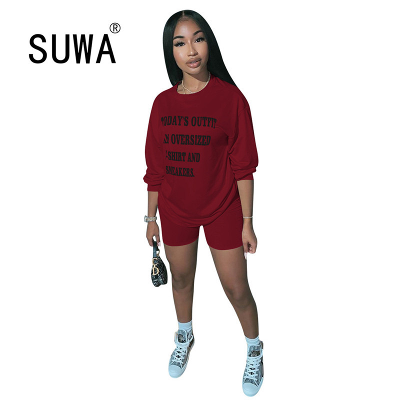 

Product Women Two Piece Tracksuit Matching Sets Letter 90s T shirt Long Sleeve Top + Sweatpants Biker Shorts Lounge Wear 210525, Burgundy