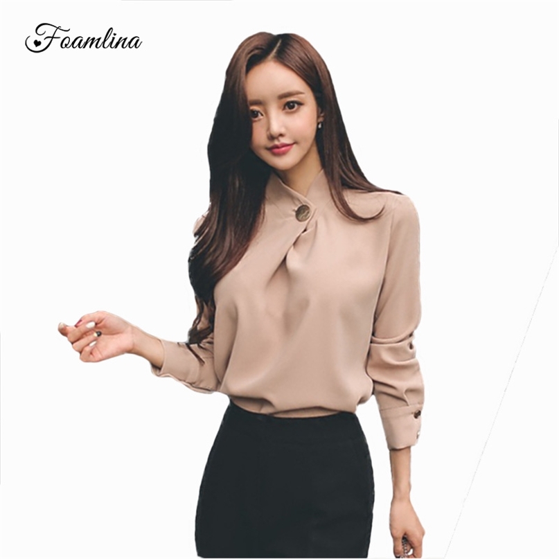 

Office Ladies Shirt Spring Autumn Women Top Long Sleeve Chiffon Blouse Female Stand Collar Casual Womens Work 210603, Beige