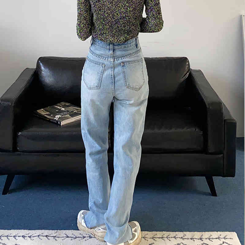 

women's jeans calÃ§a jeans de cintura alta, feminina, , nova, bÃ¡sica, azul, perna larga, coreana, slipt, esfrega btok, Blue