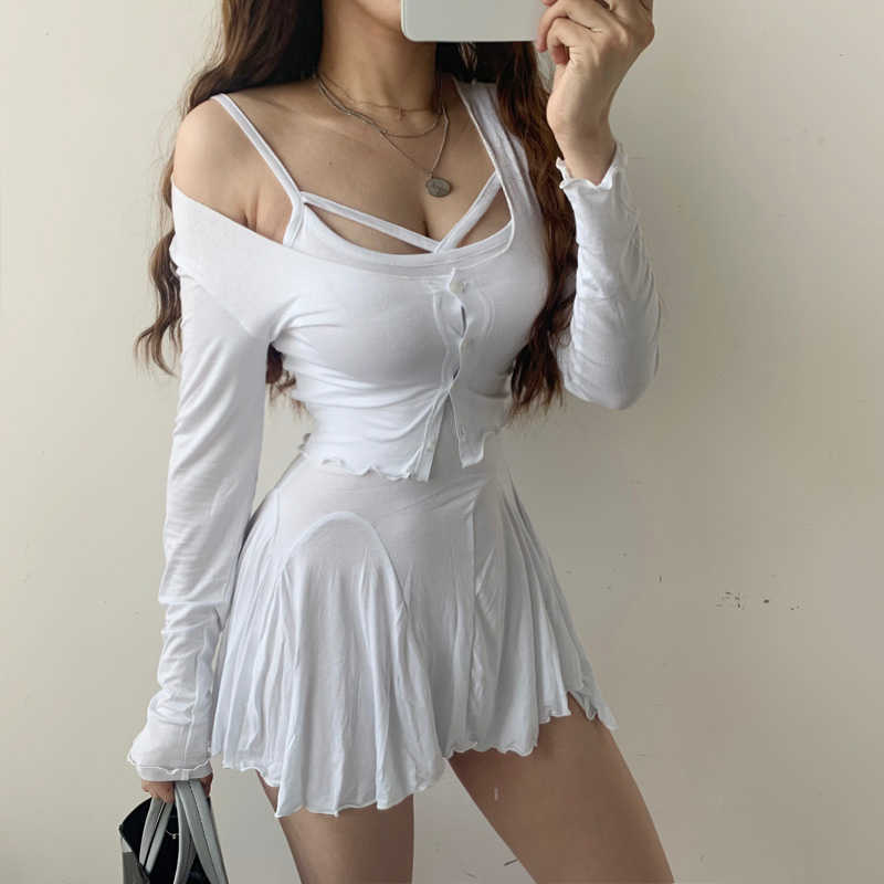 

WOMENGAGA Spring 2 Piece Set Tracksuit Women Lace Sexy Mini Ruffle Dress + Full Sleeve Cotton Buttons Cardigan Sweater Q88Q 210603, Black