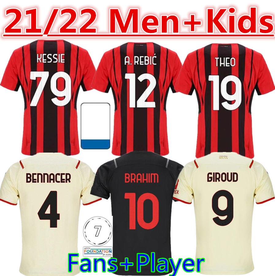 

21 22 Fans Player Version AC Milan soccer jersey IBRAHIMOVIC GIROUD BENNACER TONALI ROMAGNOLI jerseys 2021 2022 CALHANOGLU REBIC football shirt men kids third