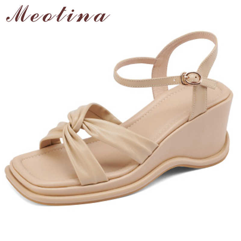 

Meotina Shoes Women Genuine Leather Sandals Wedges High Heel Sandals Pleated Square Toe Cow Leather Ladies Footwear Summer Beige 210608