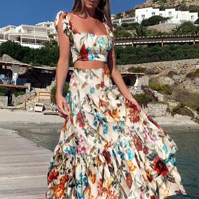 

Womens Floral Print two piece set Boho Dress designer dress Evening Gown Party Long Maxi Dress Summer Sundress Clothing dresses for woman Casual wear V-neck crop top, Red