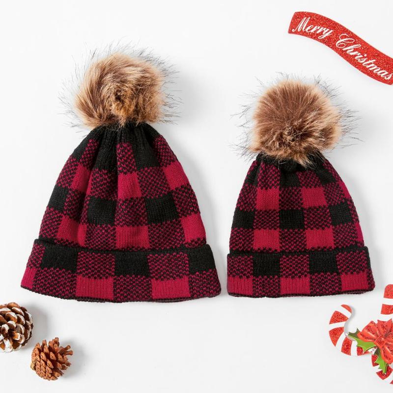 

Mommy and Me Christmas Plaid Hairball Hats, Red