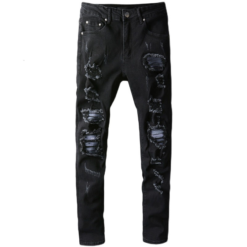 

2021 Men's Male Fashion Casual New Black High Street Ripped Jeans Patch Stretch Slim Slimming Denim Pants Trousers 664 3r83